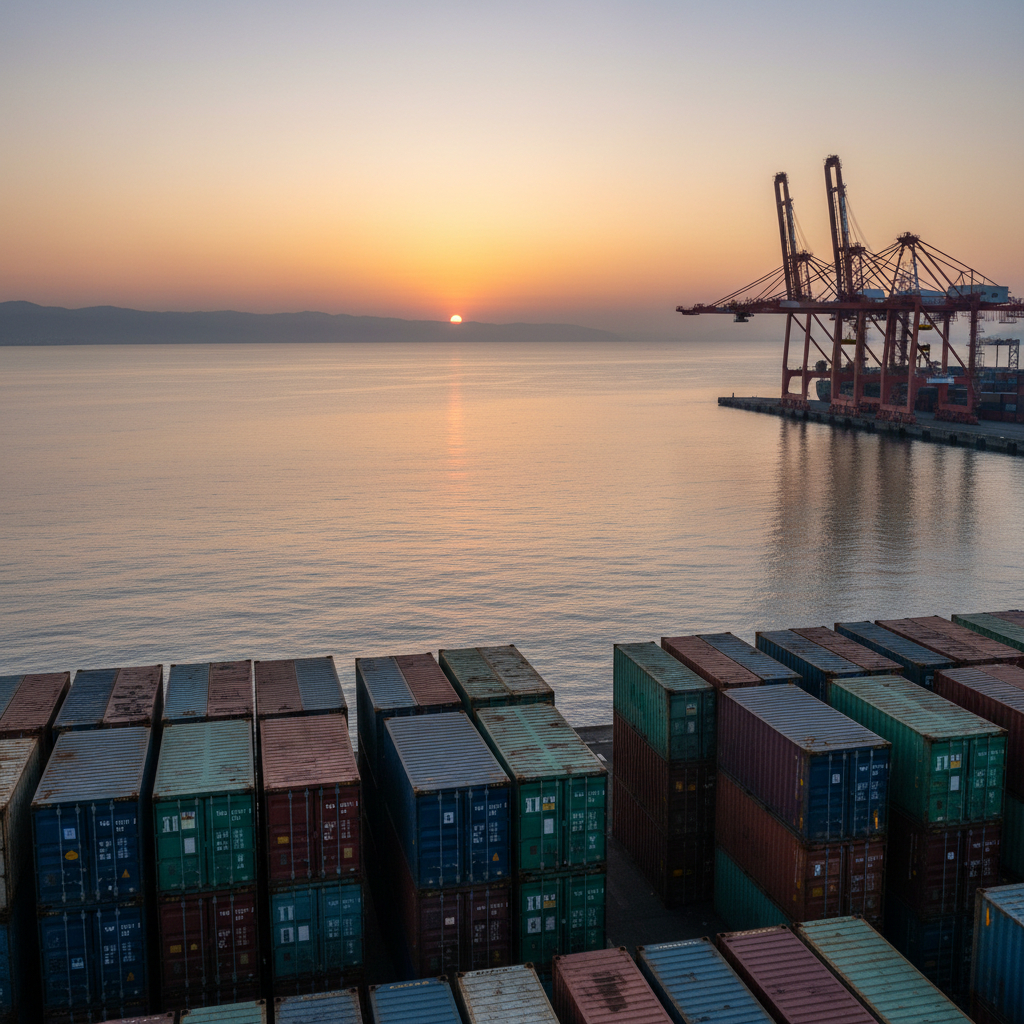 Cargo port cranes and international shipping infrastructure at sunset